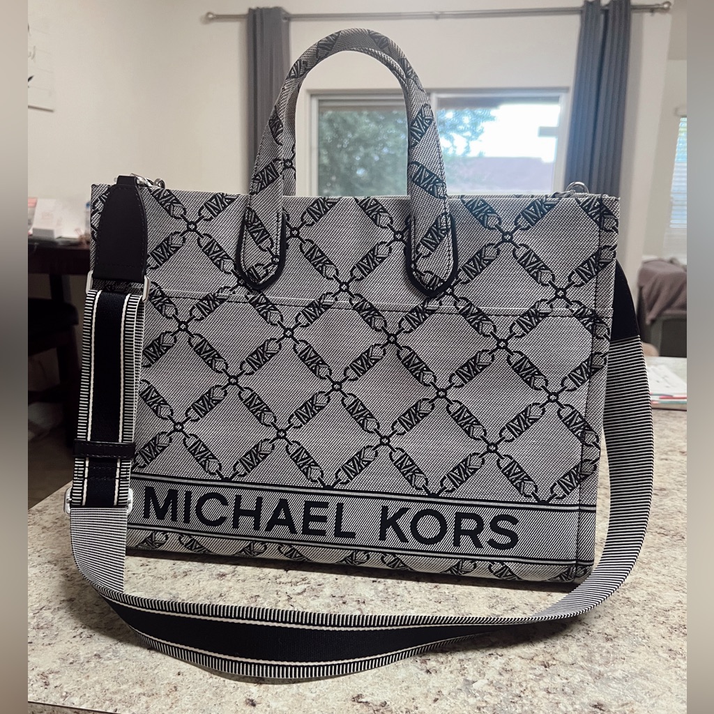 Michael Kors Black And Gray Signature Tote With Leather Trim